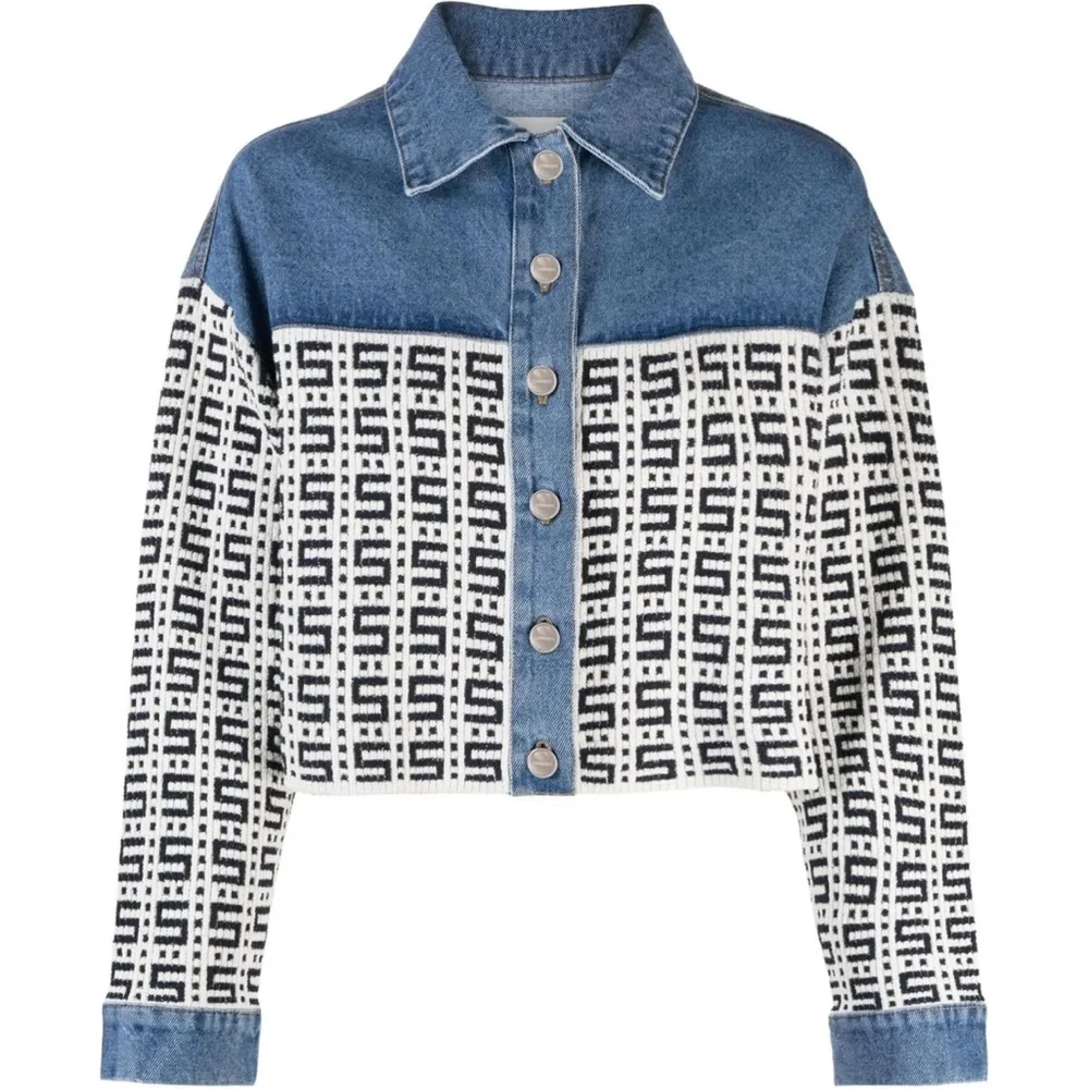 Sandro Blue and White Cropped Denim Jacket - Picture 5 of 10